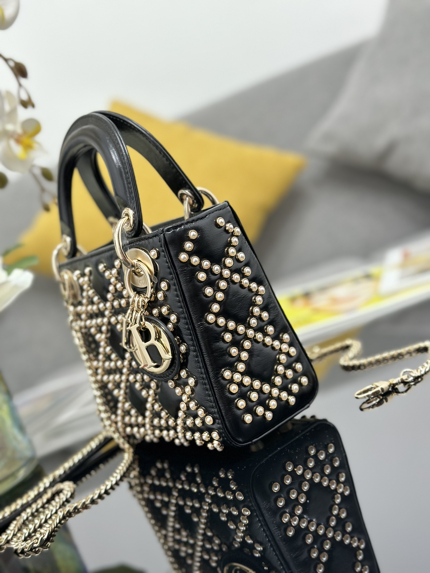 Mini Lady Dior Bag Black Calfskin Embroidered with Pearl Nail